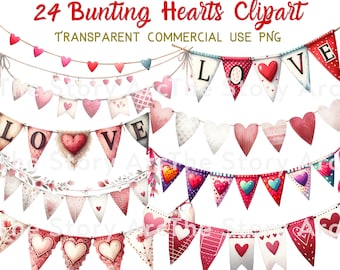 Watercolor Heart Bunting Clipart, Valentine Banner Flags (Digital Download)