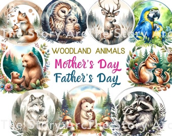 Mama und Baby Clipart, Muttertag digitaler Vatertag, Wald Baby Tier Clipart, Sofort Download, Kinderzimmer Dekor, Waldtiere PNG