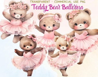 Ballerina Teddy Bear Clipart, Watercolor Ballet PNG Bundle (digital ...