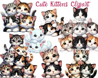 かわいい子猫のクリップアート、水彩画の子猫15匹のPNG、遊び心のある猫、デジタルペーパー、スクラップブッキング、昇華転写、ジャンクジャーナル用の即時ダウンロード