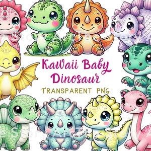 Clipart di dinosauri kawaii, 12 cuccioli di dinosauro PNG, piccoli dinosauri, sublimazione di dinosauri ad acquerello, carino T-Rex, dinosauri pastello, download digitale