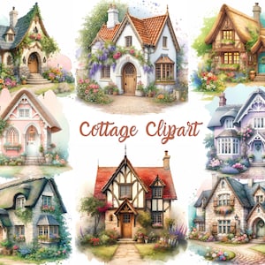 Cottage House Watercolor Clipart, English Cottage, Country Town House, Instant Download Digital Planner Junk Journal Paper Crafts, 12 PNG