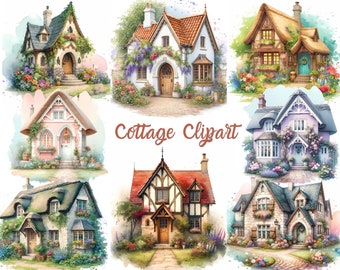 May include: Watercolor clipart featuring eight charming cottages with varying architectural styles. Each cottage is surrounded by colorful flowers and greenery, with the text "Cottage Clipart" in the center. The cottages have different roof styles and colors.