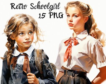 Retro Schoolgirl Clipart, 15 Vintage Girl Student Clipart, School Clipart, Young Girl PNG, Junk Journal, Scrapbook, Stationery, Paper Craft