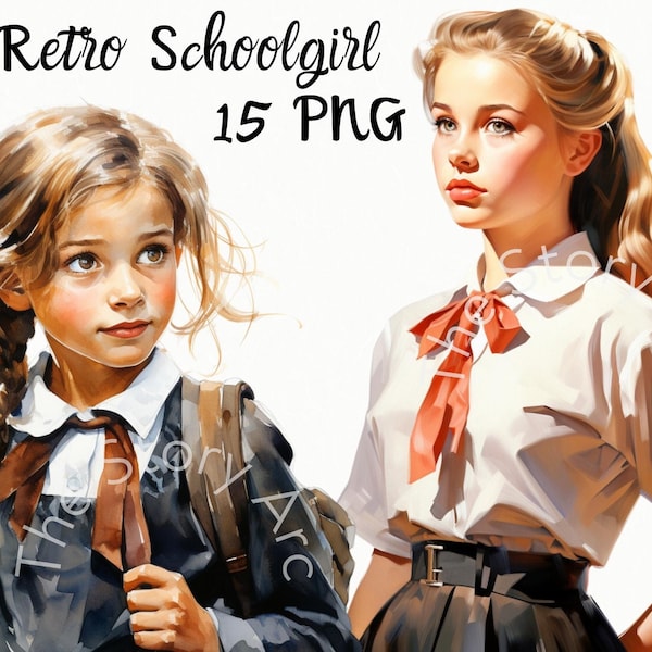 Retro Schoolgirl Clipart, 15 Vintage Girl Student Clipart, School Clipart, Young Girl PNG, Junk Journal, Scrapbook, Stationery, Paper Craft