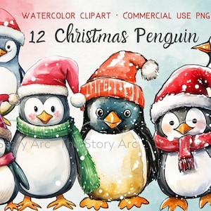 Clipart de pingüino de Navidad, 12 PNG de pingüino, Clipart de Navidad, Pingüino de acuarela, Pingüino imprimible, Uso comercial, Diario de invitación de tarjeta