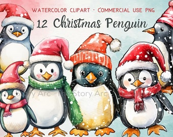 Christmas Penguin Clipart, 12 Penguin PNG, Christmas Clipart, Watercolor Penguin, Penguin Printable, Commercial Use, Card Invitation Journal