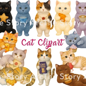 Süße Katze Clipart PNG, Kawaii Katzen Illustration, digitaler Download, Katzen Grafiken Bundle für Sublimation, Kunsthandwerk, Aufkleber, Kätzchen druckbare Kunst