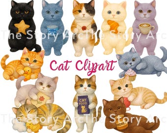 Cute Cat Clipart PNG, Kawaii Cat Illustration, Digital Download, Cat Graphics Bundle for Sublimation, Crafts, Stickers, Kitten Printable Art