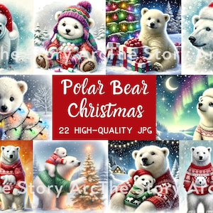 Polar Bear Christmas Clipart, Winter Polar Bear inSanta Hat, Digital Download for Christmas Decor, Card, Crafts, Sublimation, Scrapbooking