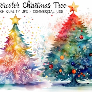 Christmas Tree Watercolor Clipart, 21 Christmas Trees JPG, Digital Download, Christmas Graphics Crafts, Printable, Scrapbooking, Card Making