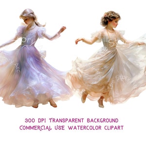 May include: Watercolor clipart featuring two women in flowing gowns. One gown is a gradient of lavender and pink, the other is cream-colored. The text "The Story Arc" is visible on both images. The text "300 DPI TRANSPARENT BACKGROUND COMMERCIAL USE WATERCOLOR CLIPART" is also visible.