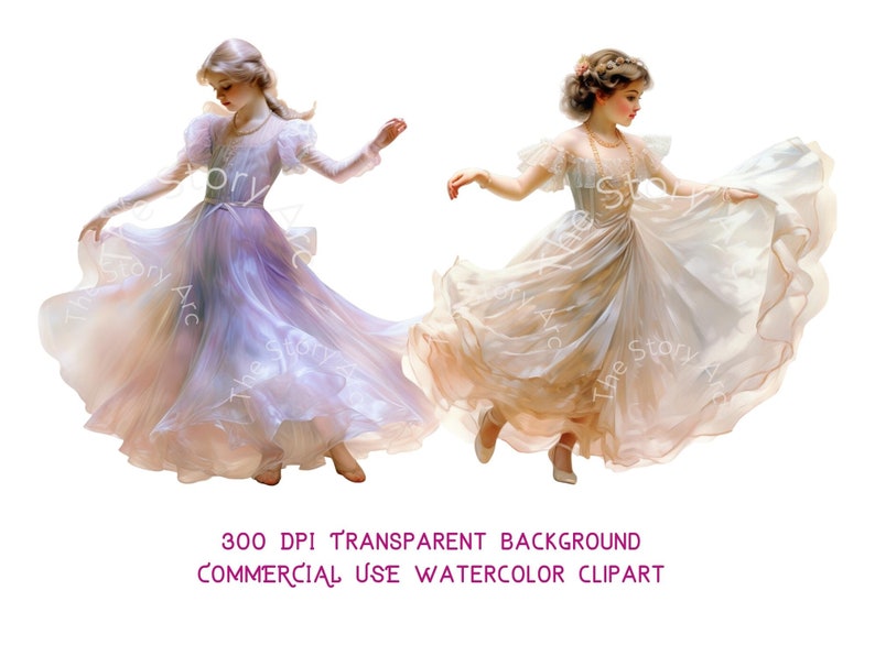 May include: Watercolor clipart featuring two women in flowing gowns. One gown is a gradient of lavender and pink, the other is cream-colored. The text "The Story Arc" is visible on both images. The text "300 DPI TRANSPARENT BACKGROUND COMMERCIAL USE WATERCOLOR CLIPART" is also visible.