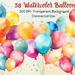 Aquarell Ballons Clipart, 38 Ballons PNG, Geburtstag Clipart, Festliche Clipart, Kartenherstellung, Einladung, Scrapbook, Journal, Party Dekor