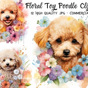 Clipart de flor de poodle de brinquedo, 12 Cute Poodle JPG, download digital de poodle aquarela, papelaria, caneca, álbum de recortes, cartão, gráficos de camisa, planejador