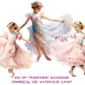 May include: Watercolor clipart featuring three young girls in flowing pink and white dresses, dancing gracefully. The image has a transparent background and includes text that reads "300 DPI TRANSPARENT BACKGROUND COMMERCIAL USE WATERCOLOR CLIPART."
