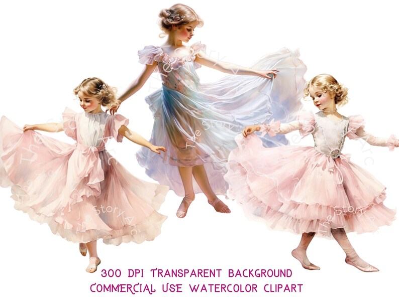May include: Watercolor clipart featuring three young girls in flowing pink and white dresses, dancing gracefully. The image has a transparent background and includes text that reads "300 DPI TRANSPARENT BACKGROUND COMMERCIAL USE WATERCOLOR CLIPART."