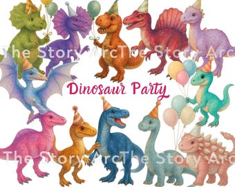 Dinosaur Birthday Clipart Bundle, Dino with Party Balloons Watercolor Digital Download