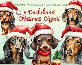 May include: Eight watercolor illustrations of Dachshunds wearing Santa hats. The Dachshunds are in various poses and have different colored fur. The text "8 Dachshund Christmas Clipart" is written in large, bold letters above the images.