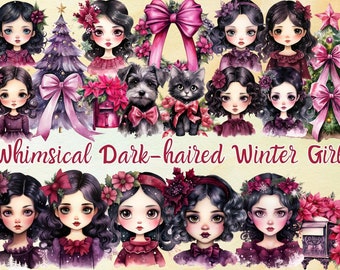 Dark-haired Winter Girl Clipart, Watercolor Winter Girl Christmas Bundle, Whimsical Girl PNG, Festive Art Junk Journal Scrapbook Stationery