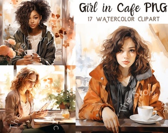 Cafe Girl Clipart, 17 Girl in Cafe PNG, Cozy Cafe, Girl Teatime, Printable Art for Junk Journal, Scrapbook, Planner, Coffee Girl Digital