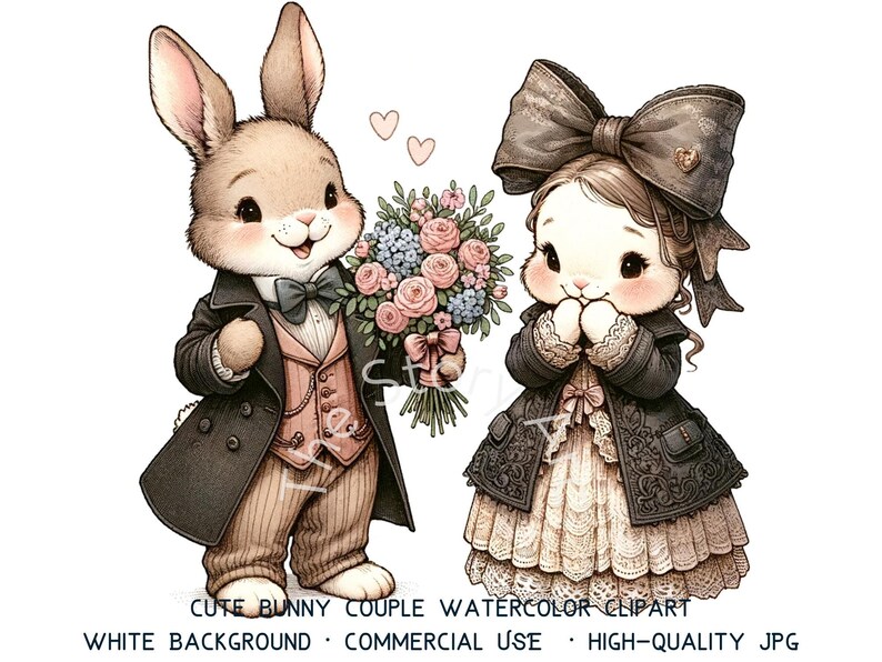 Bunny Couple Rabbit Clipart, Romance Bunnies, 12 High Quality JPG