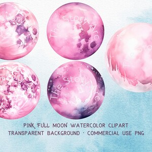 May include: Four watercolor illustrations of pink full moons with a white background. The moons have a textured, watercolor look with shades of pink and purple. The text "The Story Arc" is visible on each moon.