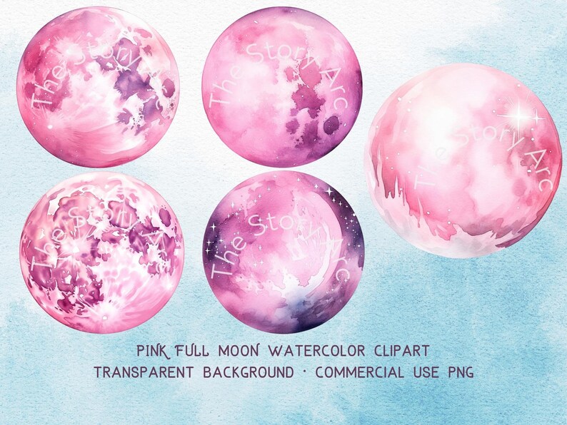 May include: Four watercolor illustrations of pink full moons with a white background. The moons have a textured, watercolor look with shades of pink and purple. The text "The Story Arc" is visible on each moon.