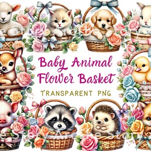 Babydier in mandje 12 png-clipart, dier met bloemen, digitale download sublimatie papier ambachten, schattig katje, puppy, konijntje, rozenmand