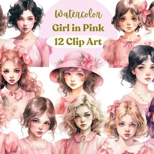 Girl in Pink Dress PNG, 12 Watercolor clipart, Charming Pink Girl, Whimsical Girl, Journal, Scrapbook, Planner, Paper crafts, Commercial Use