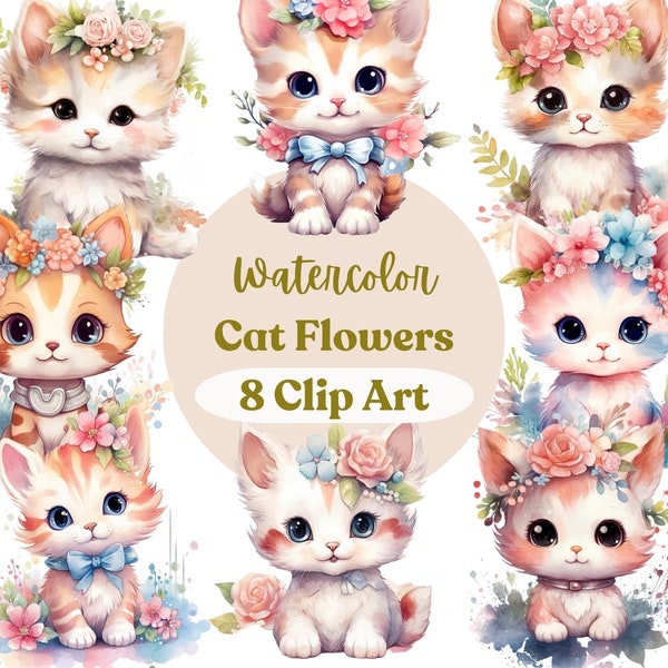 Pawsitively Cute: Conjunto de 8 imágenes prediseñadas de acuarela de gatito caprichoso, PNG de alta calidad, imágenes prediseñadas de gatito lindo, gatos de acuarela, descarga digital