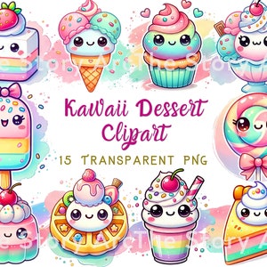 15 Cute Dessert Clipart, Pastel Desserts, Digital Download, Watercolor Sweets, Sublimation, Kawaii Cupcake Cookie Donut Jelly Ice Cream
