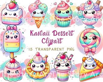 Kawaii Dessert Clipart, Pastel Watercolor Sweets, Digital Download, Rainbow Desserts