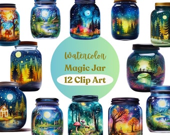 Watercolor Magic Jar, Set of 12 Magical Jar Clip Art, Jar PNG, Watercolor clipart, Instant Download, Scrapbook, Junk Journal, Paper crafts