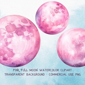 May include: Three pink watercolor full moons with a white background. The moons have a light pink and purple gradient with white speckles.