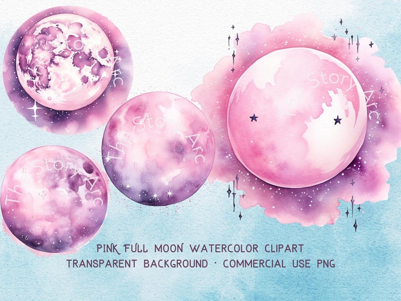 May include: Four watercolor pink full moons with purple and white details. The moons have the text "The Story Arc" written on them. The moons are on a light blue background with white stars.