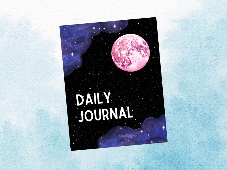 May include: A black and white journal cover with a pink moon and stars. The text "DAILY JOURNAL" is printed in white on the cover.