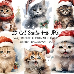 Chapéu de Papai Noel de Gato Clipart de Natal, Download Digital de Clipart de Aquarela de Gatinho Festivo Bonito, Criação de Cartões, Diário, Artesanato em Papel, Uso Comercial