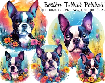 Boston Terrier Watercolor Clipart, Cute Dog Art (Digital Download)