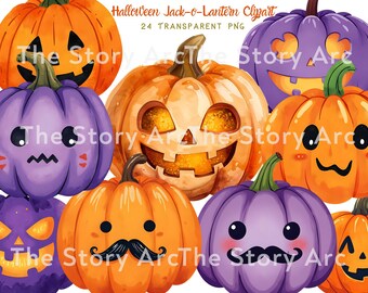 Halloween Jack-o-Lantern Clipart, 24 Spooky Jack-o-Lantern aquarel transparante png, kawaii oranje paarse jack-o-lantern pompoen, decor