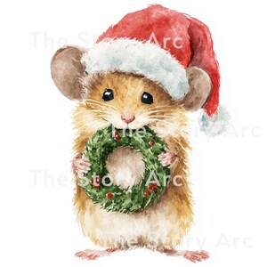 May include: Watercolor illustration of a cute mouse wearing a red Santa hat with white trim. The mouse is holding a green wreath with red berries, perfect for Christmas decor or holiday cards.