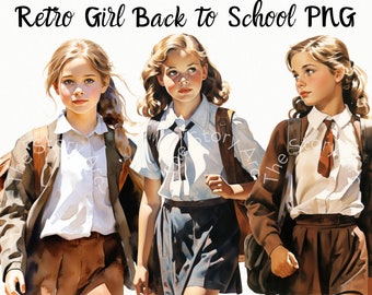Back to School Girl Clipart, 17 Retro Schoolgirl Clipart, Vintage Girl, Young Student Clipart, Journal, Scrapbook, Stationery, Paper Craft