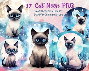 Siamese Cat Watercolor Clipart, Moon PNG, Whimsical Art (Digital Download)