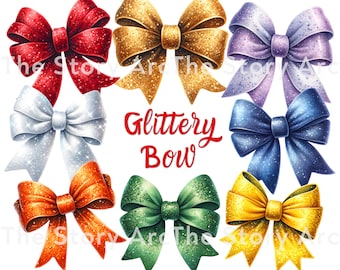 Glitter Bow Clipart, 14 Sparkly Bow, Colorful Bows, Digital Download, Ribbon Clipart, Sublimation Design, Scrapbooking, Junk Journal, Crafts