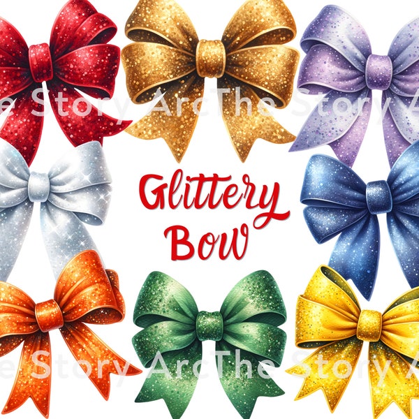 Glitter Bow Clipart, 14 Sparkly Bow, Colorful Bows, Digital Download, Ribbon Clipart, Sublimation Design, Scrapbooking, Junk Journal, Crafts