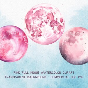 May include: Three watercolor pink full moons with white and black details. The moons have the text "The Story Arc" written on them.