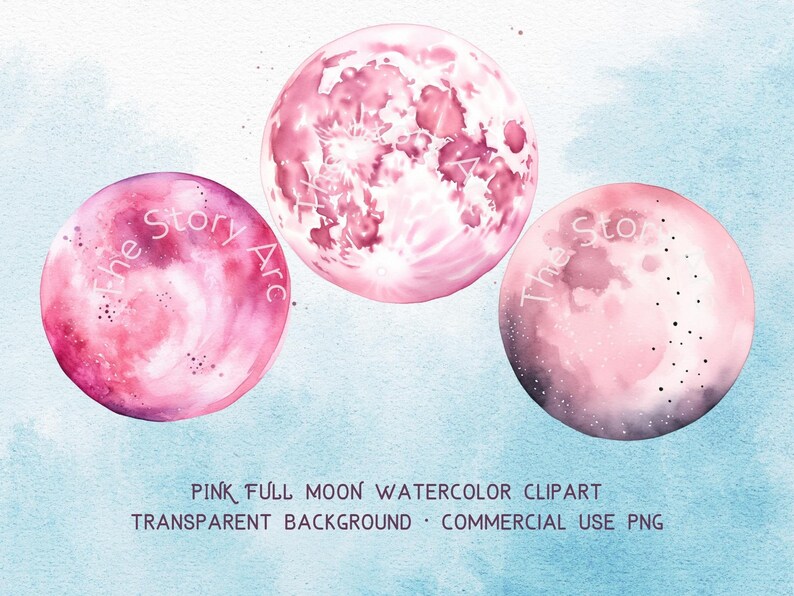 May include: Three watercolor pink full moons with white and black details. The moons have the text "The Story Arc" written on them.