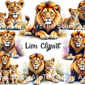 Majestuoso león clipart, 16 leones en acuarela JPG, clipart de animales de safari, descarga digital para manualidades con temática de safari, decoración de guardería, scrapbooking