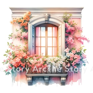 Op de afbeelding: Een aquarel schilderij van een raam met een balkon. Het raam is gebogen en heeft witte luiken. Het balkon is versierd met roze en witte bloemen. Het raam wordt omlijst door een roze muur met witte versieringen.