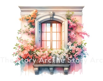 May include: A watercolor painting of a window with a balcony. The window is arched and has white shutters. The balcony is decorated with pink and white flowers. The window is framed by a pink wall with white trim.